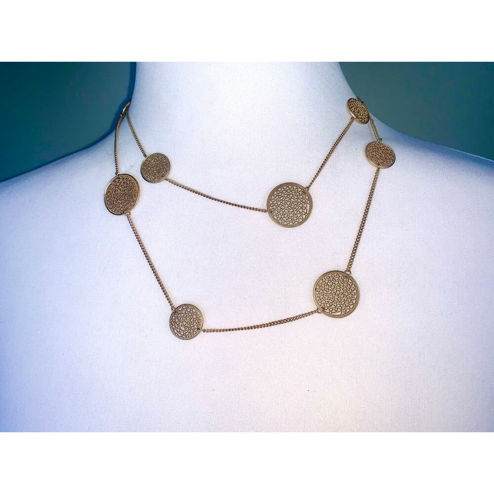Gold Tone Filigree Circle Disc Long Station Statement Necklace EUC